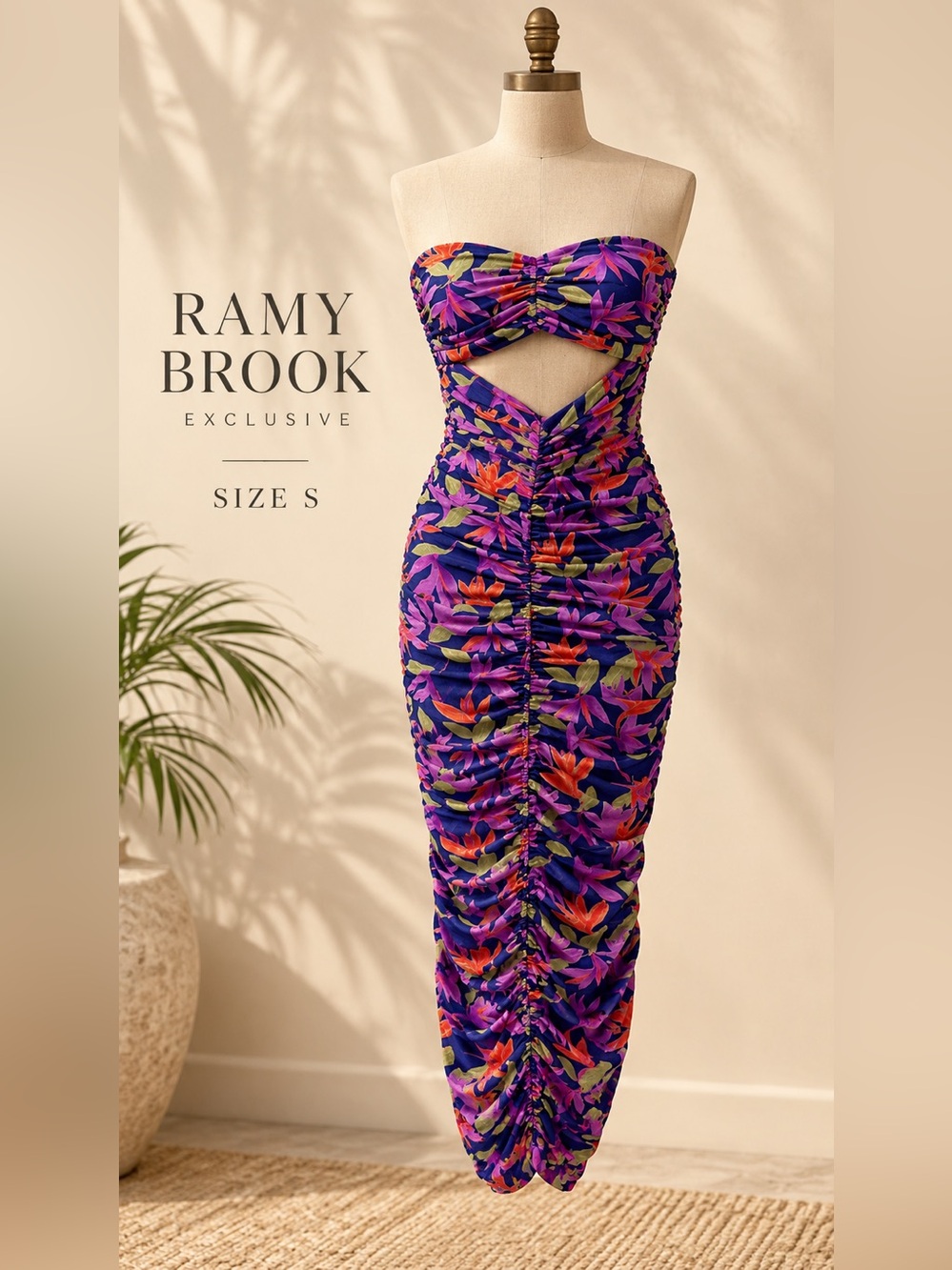 Ramy Brook Exclusive Savvy Strapless Ruched Floral Midi Dress Size S